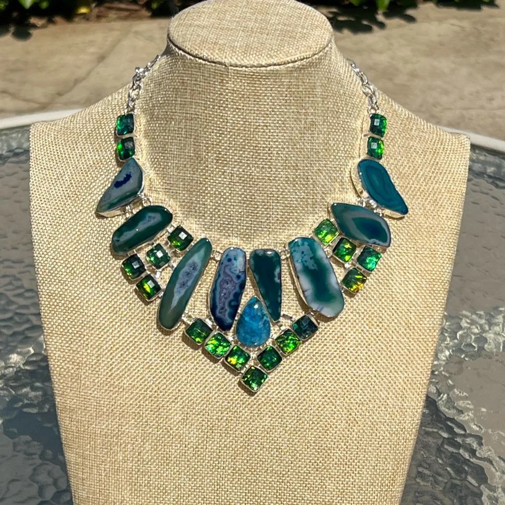 Solar Agate Necklace Triplet Opal Ocean Blue Large Handmade 925 Silver Boho New! - Picture 11 of 16